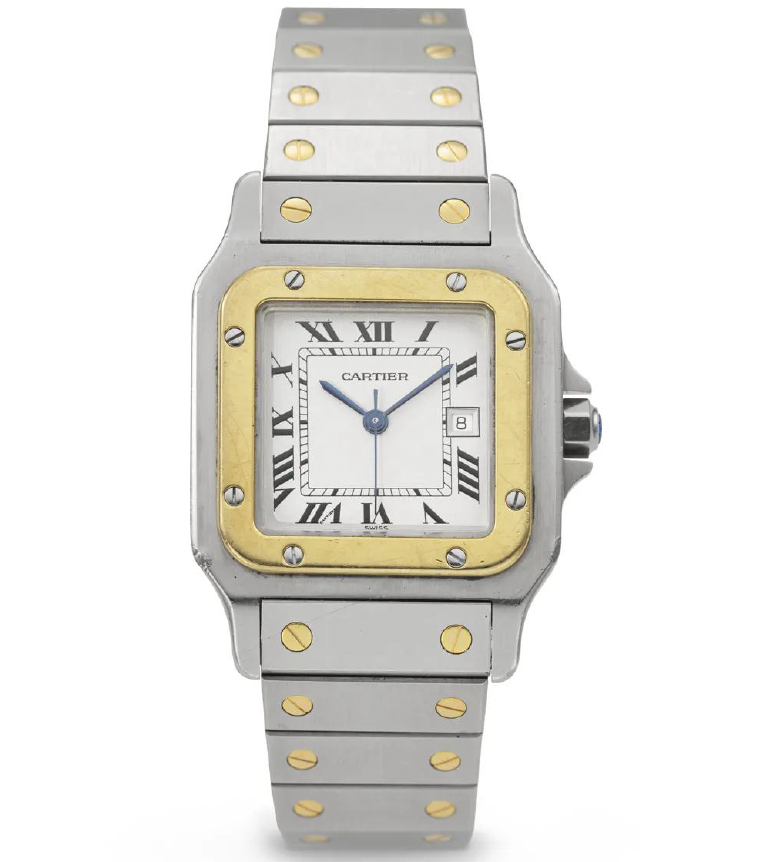Cartier Santos 2961, stainless steel and gold watch with Roman numeral dial.